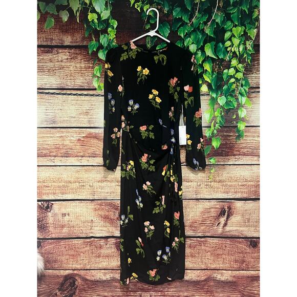 NWT Reformation Reza Midi Dress Night Bloom Long Sleeve Black Floral Wrap Size 6 - Picture 1 of 6
